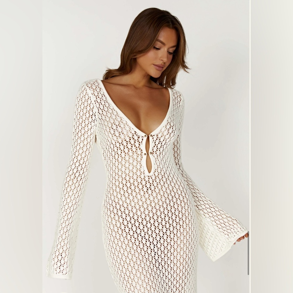 Meshki White Crochet Long Sleeve Swim Coverup
